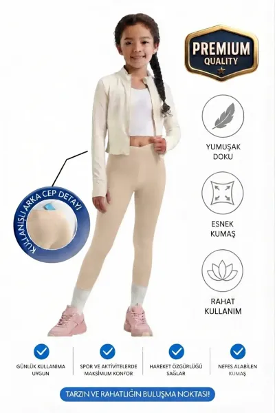Kız çocuk Cepli Kruvaze Kemer Yüksek Bel, Günlük, Koşu, Yürüyüş, Yoga, Spor, Egzersiz, Fitness Tayt — Bej