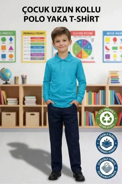 Unisex Kız Erkek Çocuk Polo Yaka Pamuklu Uzun Kol Turkuaz Günlük Basic Okul Tişört — Turkuaz Mavi