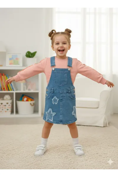 Kız Çocuk Denim Kot Salopet Jile Elbise Sweatshirt 2'li Takım SLPTTKM20260001