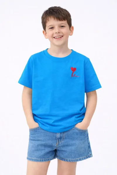 Kız Erkek Çocuk Oversize Nakışlı Pamuklu Unisex Yazlık T-Shirt — Mavi