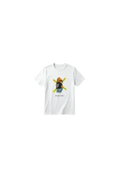 Unisex Kız Erkek Çocuk Baskılı Bisiklet Yaka Kısa Kollu Pamuklu Günlük T-Shirt — TROUBLE MAKER BEAR BEYAZ