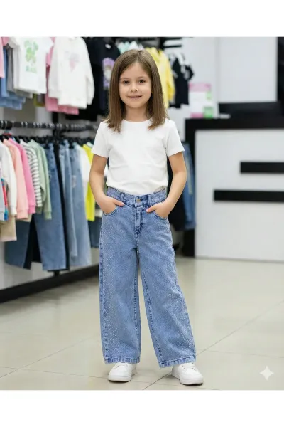 Kız Çocuk Jean Pantolon Palazzo Geniş Bol Paça Taş detaylı Kot Pantolon — Açık Mavi