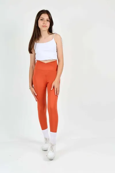 Kız Çocuk Yüksek Bel Kruvaze Kemer, Koşu, Yürüyüş,  Casual, Spor, Atletik, Egzersiz, Fittness Tayt — Kiremit