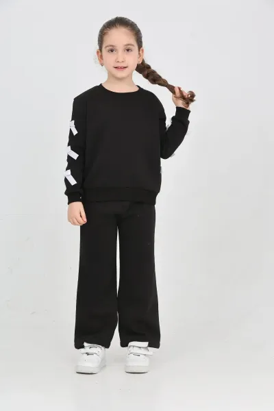 Kız Çocuk 3 İplik Şardonlu Kurdele Detaylı Basic Sweatshirt-Bol Kesim Palazzo Eşofman Takım — Siyah