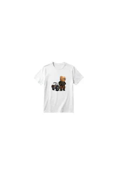 Unisex Kız Erkek Çocuk Baskılı Bisiklet Yaka Kısa Kollu Pamuklu Günlük T-Shirt — MOTORCYCLING BEAR BEYAZ