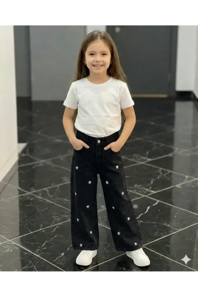 Kız Çocuk Jean Pantolon Palazzo Geniş Bol Paça Yıldız Nakışlı Kot Pantolon — Siyah
