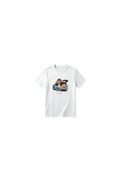Unisex Kız Erkek Çocuk Baskılı Bisiklet Yaka Kısa Kollu Pamuklu Günlük T-Shirt — RICH GIRL BEYAZ