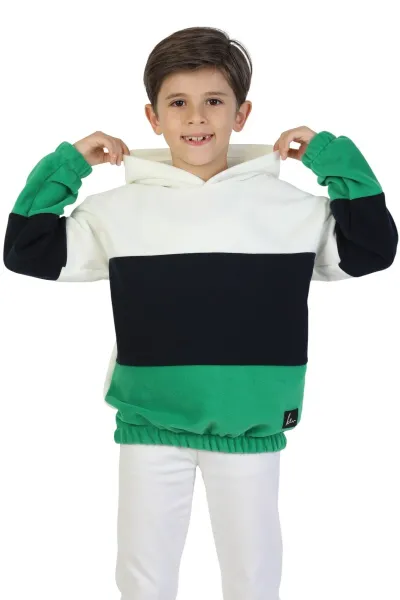Erkek Çocuk Sweatshirt-Kazak Kapüşonlu Beli Lastikli Çok Renkli Kışlık Polar Sweat — Ekru-Lacivert-Yeşil