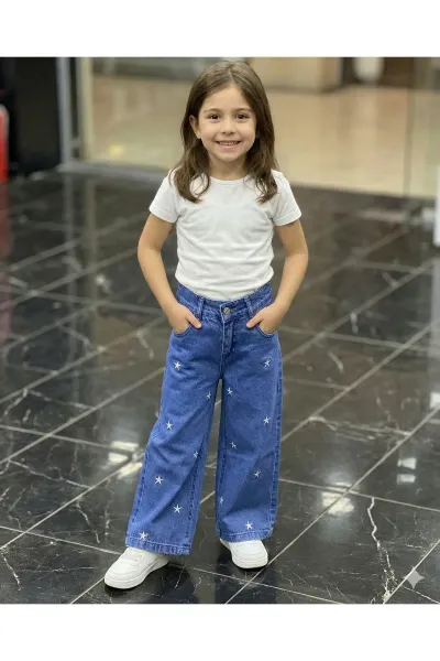 Kız Çocuk Jean Pantolon Palazzo Geniş Bol Paça Yıldız Nakışlı Kot Pantolon — Mavi