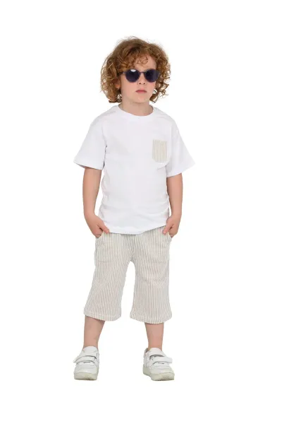 Erkek Çocuk Basic T-shirt Şort Çizgili Kaprili Yazlık 2'li Takım — Bej