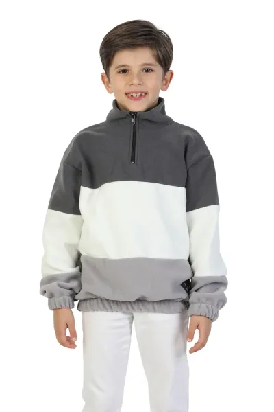 Erkek Çocuk Dik Yaka Fermuarlı Sweatshirt-Kazak Beli Lastikli Çok Renkli Kışlık Polar Sweat — Antrasit-Ekru-Gri