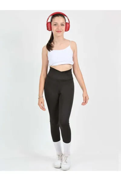Kız Çocuk Yüksek Bel Kruvaze Kemer, Koşu, Yürüyüş,  Casual, Spor, Atletik, Egzersiz, Fittness Tayt — Siyah