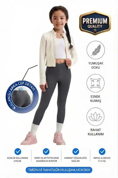 Kız çocuk Cepli Kruvaze Kemer Yüksek Bel, Günlük, Koşu, Yürüyüş, Yoga, Spor, Egzersiz, Fitness Tayt — Füme