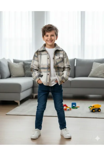 Erkek Çocuk Pamuklu Günlük-Casual Kışlık Polar Ekose Kareli Ceket Gömlek — ekru-kahve