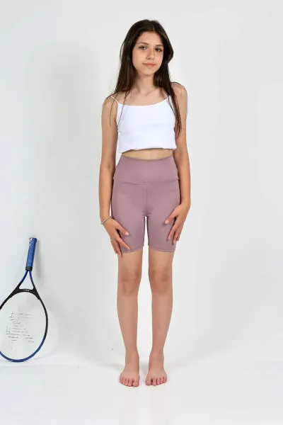 Kız Çocuk Yüksek Bel, Biker, Casual, Koşu, Yürüyüş, Spor, Atletik, Egzersiz, Fittness, Kısa Tayt — Lila