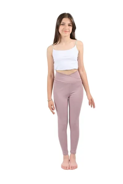 Kız Çocuk Yüksek Bel Kruvaze Kemer, Koşu, Yürüyüş,  Casual, Spor, Atletik, Egzersiz, Fittness Tayt — Lila