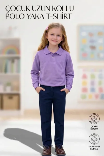 Unisex Kız Erkek Çocuk Polo Yaka Pamuklu Uzun Kol Lila Günlük Basic Okul Tişört