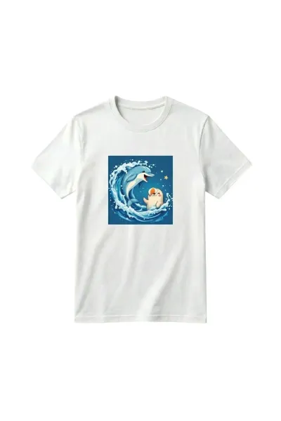 Unisex Kız Erkek Çocuk Baskılı Bisiklet Yaka Kısa Kollu Pamuklu Günlük T-Shirt — DOLPHINS BEYAZ