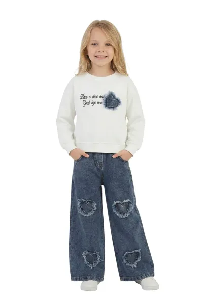 Kız Çocuk Bayramlık Günlük - Casual Geniş-Bol Paça Palazzo Kot Pantolon-Sweatshirt ikili takım — Beyaz - Mavi