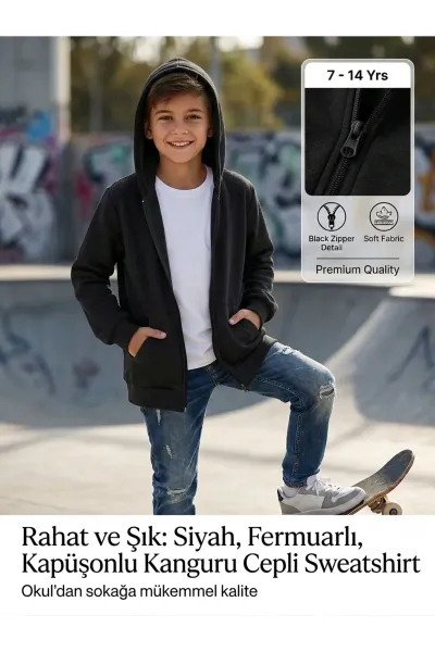 Unisex Kız Erkek Çocuk Basic 3 İplik Şardonsuz Fermuarlı Kanguru Cepli Kapüşonlu Pamuk Sweatshirt Hırka — Siyah