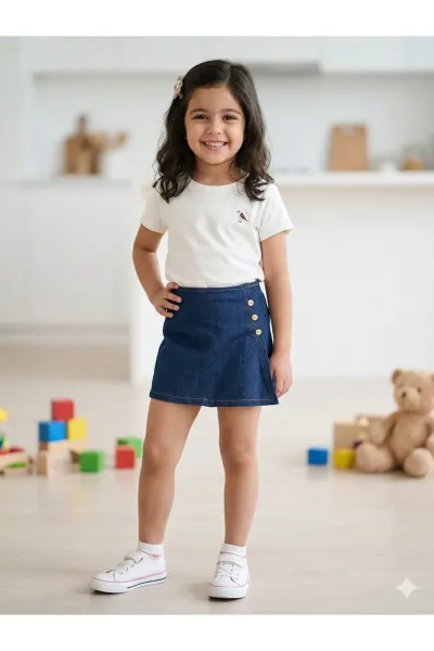 Kız Çocuk Beli Lastikli Jean Denim Kot Şort Etek