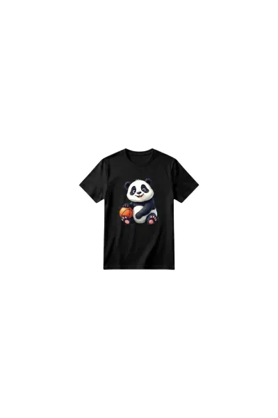 Unisex Kız Erkek Çocuk Baskılı Bisiklet Yaka Kısa Kollu Pamuklu Günlük T-Shirt — PLAYING BASKETBALL PANDA SİYAH
