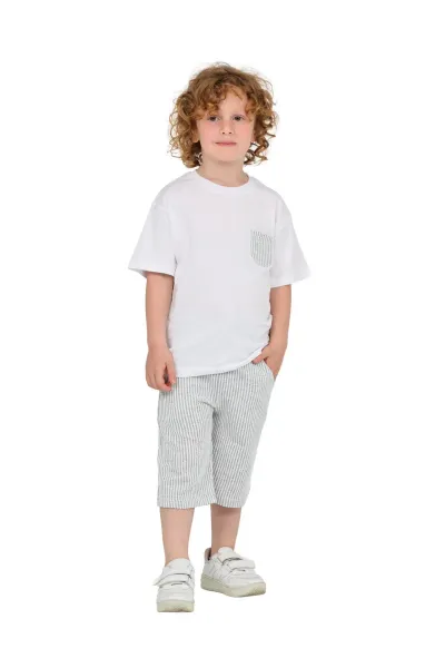 Erkek Çocuk Basic T-shirt Şort Çizgili Kaprili Yazlık 2'li Takım — Gri