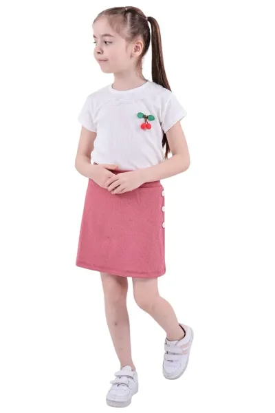 Kız Çocuk T-shirt Yakası Dantelli Kiraz Ve Düğme Detaylı Şort Etek Bluz Yazlık Ikili Takım — Gül kurusu