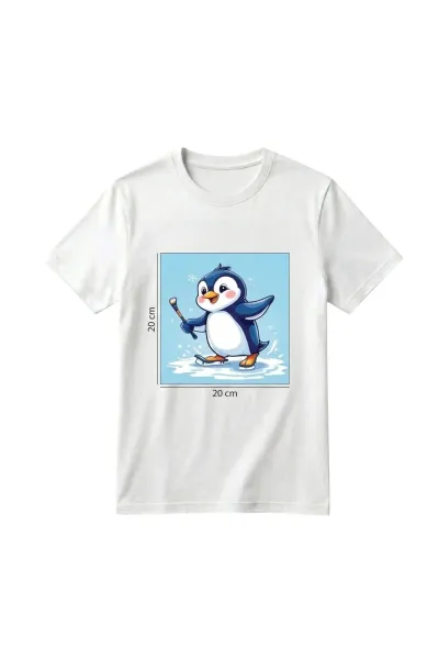 Unisex Kız Erkek Çocuk Baskılı Bisiklet Yaka Kısa Kollu Pamuklu Günlük T-Shirt — SKIING PENGUIN BEYAZ