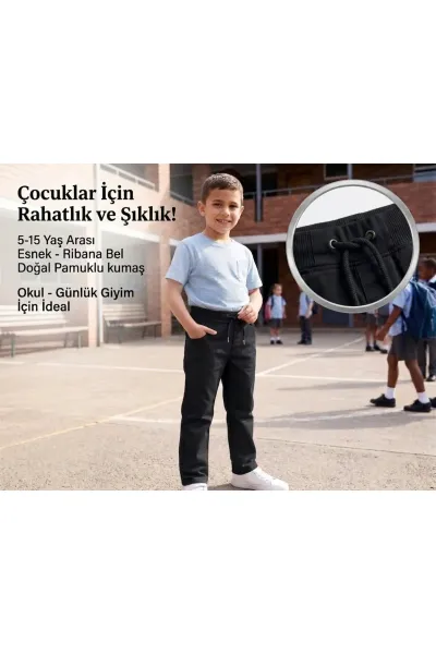Unisex Erkek Kız Çocuk Ribana Bel Lastikli Boru Paça Kanvas-Keten Keten Siyah Okul Pantolonu