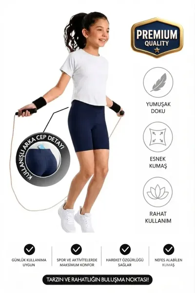 Kız çocuk Cepli Yüksek Bel Biker Günlük Koşu Yürüyüş Yoga Spor Voleybol Egzersiz Fitness Kısa Tayt — Lacivert