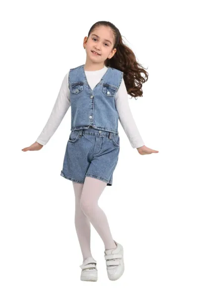 Kız Çocuk Pamuklu Jean Denim Düğmeli Kot yelek