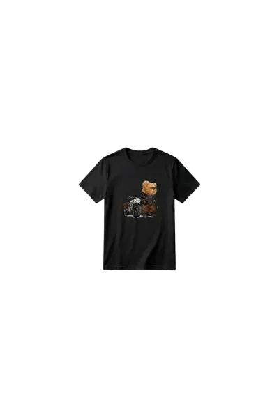 Unisex Kız Erkek Çocuk Baskılı Bisiklet Yaka Kısa Kollu Pamuklu Günlük T-Shirt — MOTORCYCLING BEAR SİYAH
