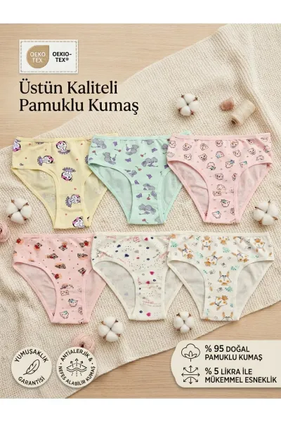 Kız Çocuk Baskılı Desenli Renkli Pamuklu Likralı Esnek Likralı 6'lı Külot