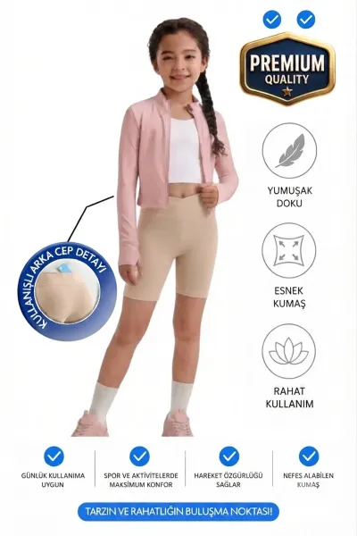 Kız çocuk Cepli Kruvaze Kemer Yüksek Bel Biker Günlük Koşu Yürüyüş Yoga Spor Voleybol Fitness Kısa Tayt — Bej