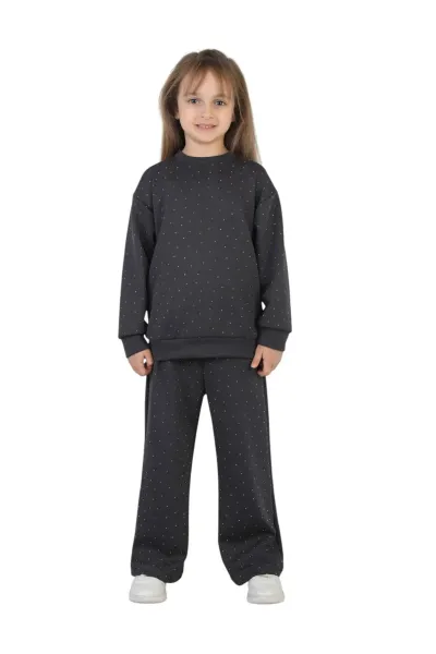 Kız Çocuk Taşlı Pijama Takımı Rahat Kalıp Günlük-Casual Takım İkili Takım — Füme