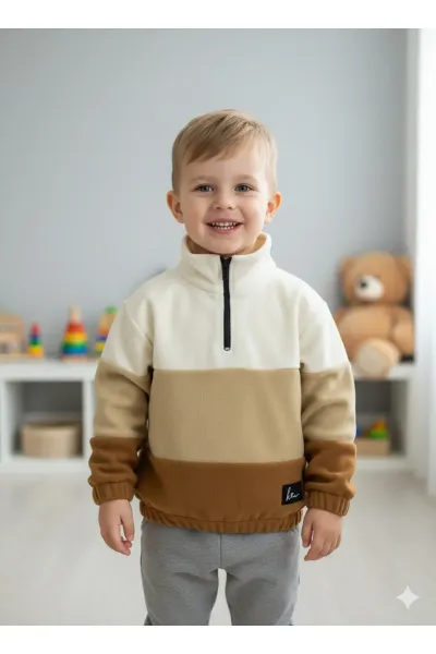 Erkek Çocuk Dik Yaka Fermuarlı Sweatshirt-Kazak Beli Lastikli Çok Renkli Kışlık Polar Sweat — Ekru-Camel-Taba