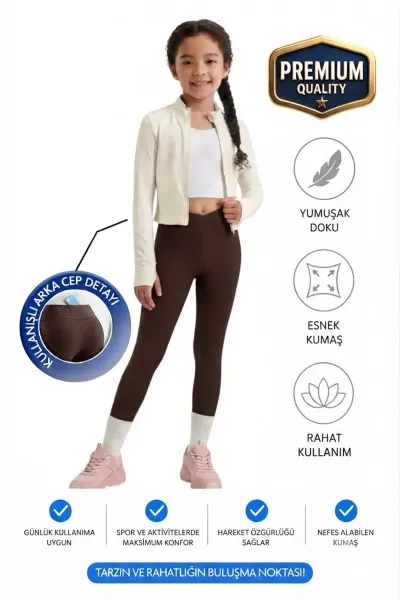 Kız çocuk Cepli Kruvaze Kemer Yüksek Bel, Günlük, Koşu, Yürüyüş, Yoga, Spor, Egzersiz, Fitness Tayt — Kahve
