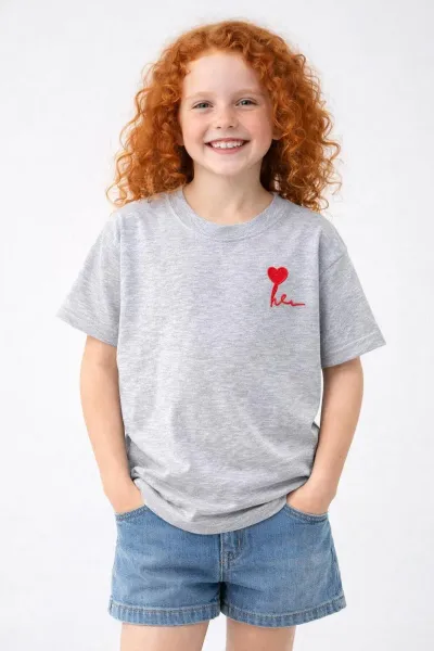 Kız Erkek Çocuk Oversize Nakışlı Pamuklu Unisex Yazlık T-Shirt — Gri - Melanj