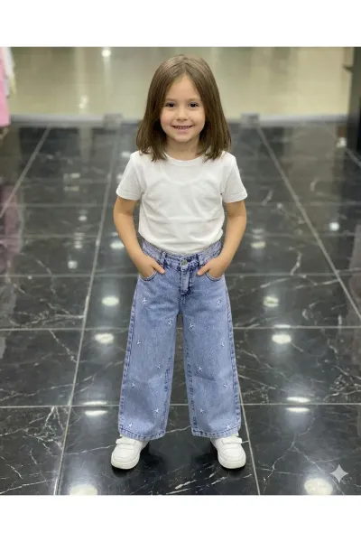 Kız Çocuk Jean Pantolon Palazzo Geniş Bol Paça Yıldız Nakışlı Kot Pantolon — Açık Mavi