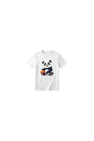 Unisex Kız Erkek Çocuk Baskılı Bisiklet Yaka Kısa Kollu Pamuklu Günlük T-Shirt — PLAYING BASKETBALL PANDA BEYAZ