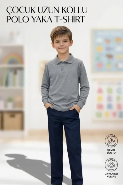 Unisex Kız Erkek Çocuk Polo Yaka Pamuklu Uzun Kol Gri Günlük Basic Okul Tişört