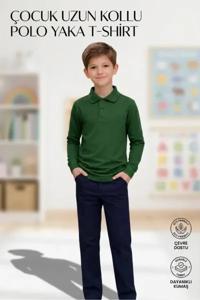Unisex Kız Erkek Çocuk Polo Yaka Pamuklu Uzun Kol Nefti Yeşil Günlük Basic Okul Tişört
