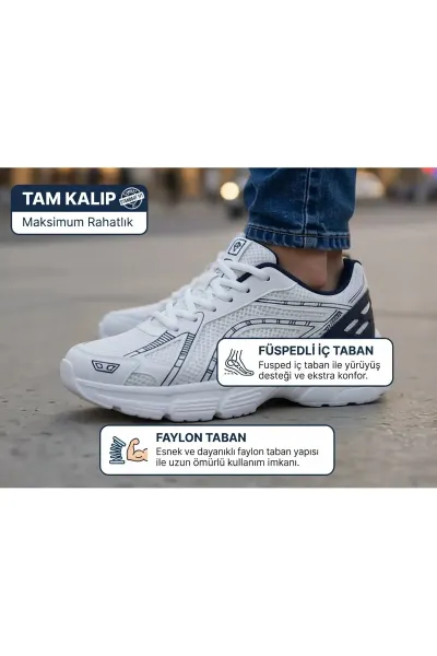 Unisex Kadın Erkek Çocuk Garson Boy Rahat Günlük Sneaker Spor Yürüyüş Ayakkabı — Beyaz-Lacivert
