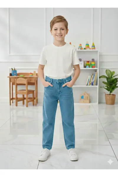 Erkek Çocuk Pamuklu Beli Lastikli Baggy Jean Pantolon Rahat Kalıp Geniş Bol Paça Kot Pantolon — Mavi