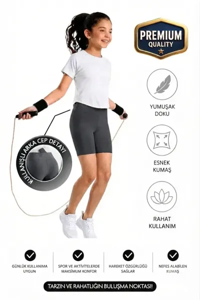 Kız çocuk Cepli Yüksek Bel Biker Günlük Koşu Yürüyüş Yoga Spor Voleybol Egzersiz Fitness Kısa Tayt — Füme