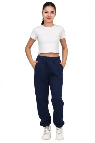 Unisex Kız Erkek Çocuk Paçası Lastikli 3 İplik Şardonlu İçi Pamuklu Okul Eşofman Altı Pantolon — Lacivert