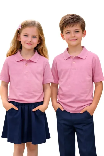 Unisex Kız Erkek Çocuk Polo Yaka Pamuklu Kısa Kol Pudra-Toz Pembe Günlük Basic Okul Tişört