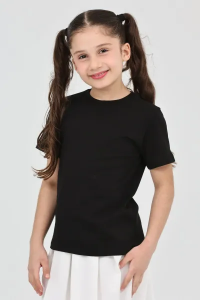 Kız çocuk siyah düz baskısız kısa kol basic casual-okul t-shirt