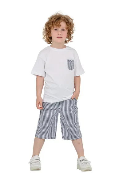 Erkek Çocuk Basic T-shirt Şort Çizgili Kaprili Yazlık 2'li Takım — Lacivert